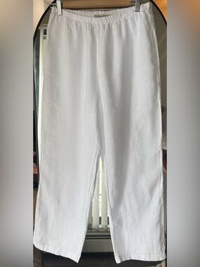 Women's White Linen Elastic-Waist Straight-Leg Pants